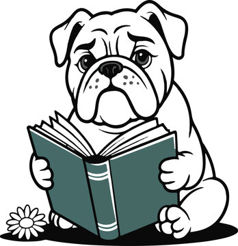 Sad Bulldog Puppy Sitting and Reading a Book with a Flower vector illustration