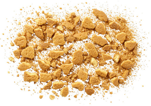 Pile of crushed cookie crumbs and biscuit pieces isolated on transparent background, top view, showing texture and detail
