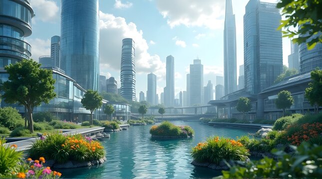 Harmonious Futuristic City with Lush Green Park, River, and Modern Skyscrapers