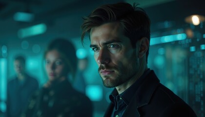 Sharp male portrait in data-rich scene. Use for cinematic branding, tech culture, creative leadership and futuristic concept design.
