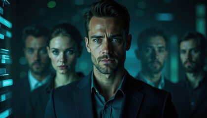 Team in high-tech operations room. Use for cybersecurity, leadership, corporate strategy and secure network branding.
