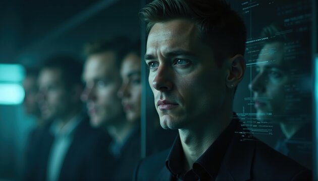 Row of men reflected in glowing code panels. Use for digital art, immersive storytelling, conceptual photography and futuristic media projects.
