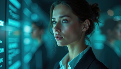 Professional woman in cyber workspace. Use for corporate technology, secure networks, business leadership and identity security branding.
