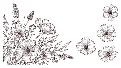 Delicate line art floral arrangement with scattered single flowers botanical illustration