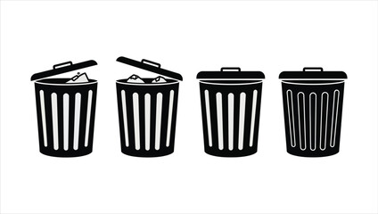 Four black silhouette trash cans with open and closed lids on white background garbage can waste bin