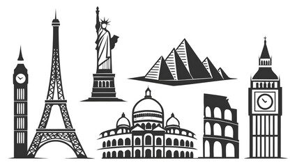 Obraz premium World landmarks, including the Eiffel Tower, pyramids