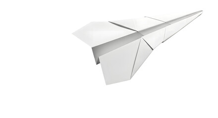 A white paper airplane, folded from a sheet of paper, flying isolated on a transparent background