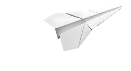 A white paper airplane, folded from a sheet of paper, flying isolated on a transparent background