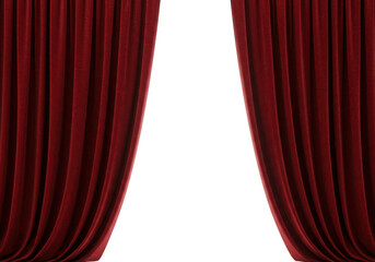 Elegant red velvet theater stage curtains parted to reveal a bright transparent background, isolated on transparent background