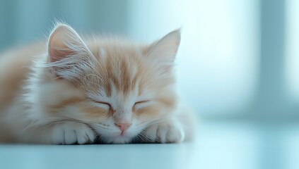 Sleeping ginger kitten with long fur resting peacefully on light surface against soft blue background. Close up portrait showing relaxed expression and fluffy fur.