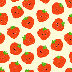 A delightful and seamless pattern of cute, smiling strawberries on yellow.