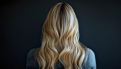 Naklejka premium Back view of long wavy blonde hair on woman wearing grey sweater against dark background, highlighting natural hair texture and professional styling.
