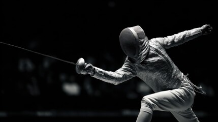Dynamic fencing action in black and white spotlight, perfect for sports enthusiasts and martial arts design