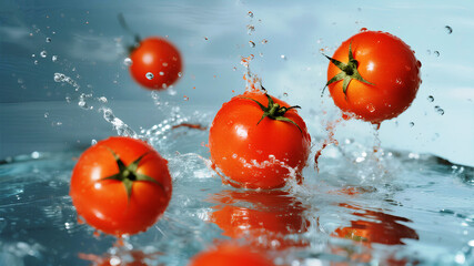 La Tomatina Vibrant tomatoes splashing into water with dynamic motion, perfect for fresh food advertising, healthy eating, culinary projects, and recipe concepts