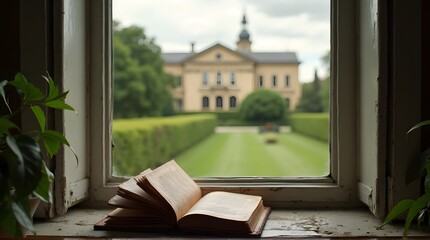 An old book open on a weathered windowsill overlooking a grand estate and manicured green lawn.