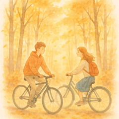 Obraz premium Watercolor illustration of two teenagers riding bicycles in autumn forest with golden leaves falling, warm sunlight filtering through trees, soft pastel colors, digital detox, peaceful mood