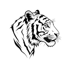  Black and white vector illustration of a tiger head in profile on a white background