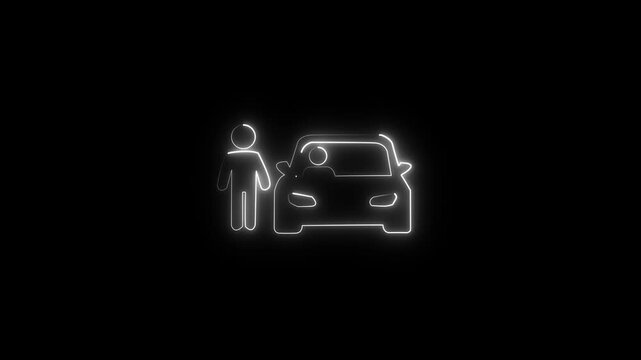 con of one people driving a car with a glowing neon effect Glowing neon red cyan and blue collar man car icon isolated on black background 4k neon icon.