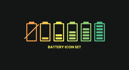 Colorful battery icon set on black background showing empty to full power levels. Ideal for energy, electricity, renewable power, technology, mobile apps battery status and electronic device UI design