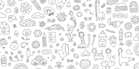 Doodle Art Seamless Pattern with Whimsical Hand Drawn Elements