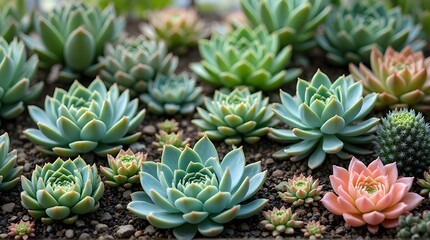 A beautiful arrangement of colorful Echeveria succulents growing in a garden bed