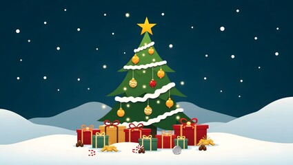 Obraz premium A decorated Christmas tree surrounded by colorful presents on a snowy background.ilustrtaion
