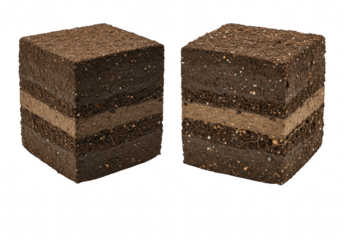 Two cubes of soil showing distinct layers of earth, isolated on a transparent background