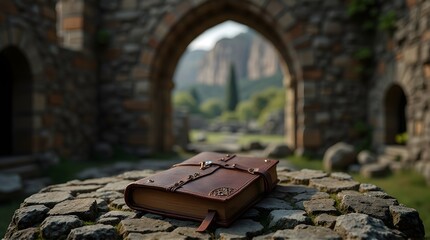 An old leather-bound book with a clasp rests on a stone wall in front of ancient ruins.