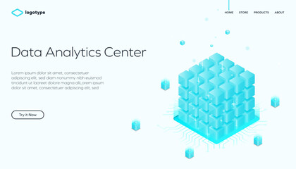 Abstract big data analytics center with processor, computing technology. Network infrastructure website layout template. Isometric vector illustration.