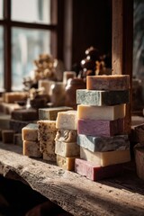 Rustic handmade soap bars displayed on wooden shelf in warm sunlight