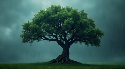 Resilient ancient tree with a full green canopy standing strong during a heavy downpour.