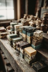 Rustic handmade soap collection in cozy natural setting for spa decor or gift ideas