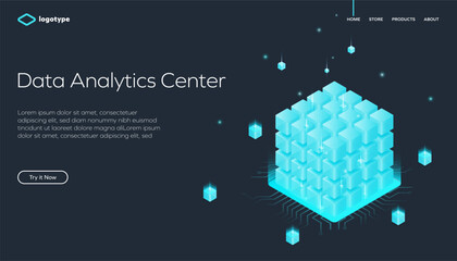 Abstract big data analytics center with processor, computing technology. Network infrastructure website layout template. Isometric vector illustration.
