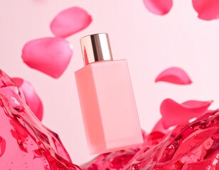 Pink Cosmetic Bottle with Gold Cap and Floating Rose Petals on Glossy Red Background