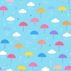 Colorful umbrellas and rain clouds pattern.