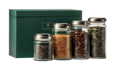 Four glass jars filled with various tea and coffee products, arranged inside a dark green gift box