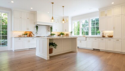 Side view of luxury kitchen with white cabinets, wooden floor, and green decorative plants.
