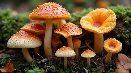 Vibrant orange and yellow warty cap mushrooms growing on a mossy forest floor.