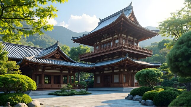Traditional East Asian wooden temple and pagoda in a serene garden with a mountain backdrop. - Powered by Adobe