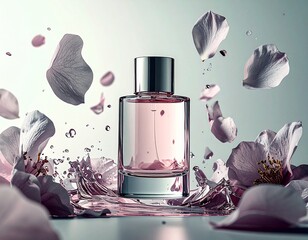 Luxury Pink Perfume Bottle with Floating Petals and Splash Effect