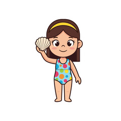 Cartoon girl in a polka dot swimsuit holding up a seashell with a smile on a white background.