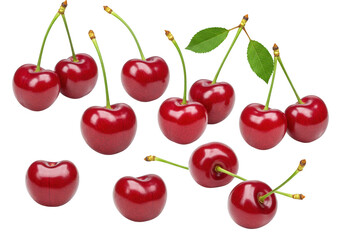 A collection of fresh, ripe red cherries with stems and leaves, isolated on a transparent background, showcasing their natural sweetness and vibrant color