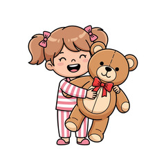A happy cartoon girl with pigtails in pink pajamas hugs a brown teddy bear with a red bow tie.