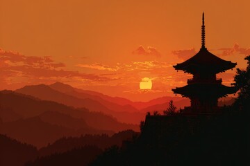 Obraz premium Sunrise pagoda, pixel art, tranquil scene