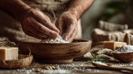 Fototapeta premium Artisan hands crafting homemade natural soap with herbs and spices