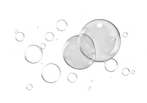 Transparent soap bubbles floating and reflecting light, isolated on transparent background