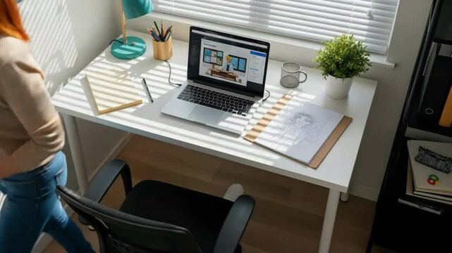 Remote Work Success: Woman Celebrates Design Completion at Home Desk