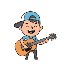 Cartoon illustration of a happy young boy playing an acoustic guitar, wearing a blue baseball cap.