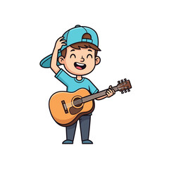Cartoon boy playing an acoustic guitar, joyful expression, casual attire.