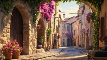 Quaint European street lined with stone buildings, vibrant flowers and archways